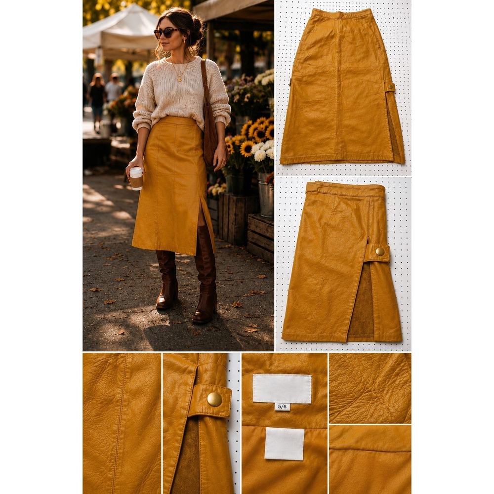 Vintage G-III Mustard Yellow Leather Midi Skirt Side Slit 100% Leather Sz 5/6